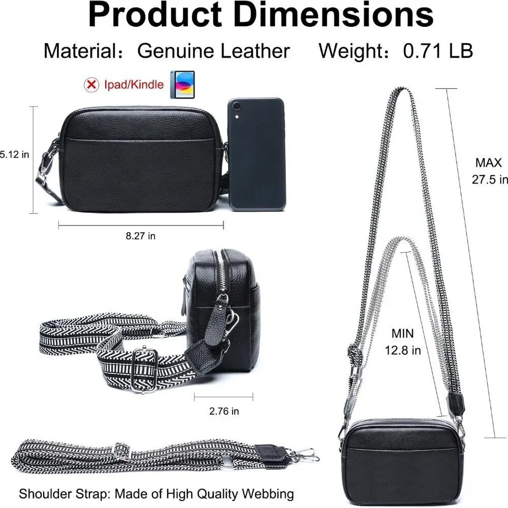 Genuine Leather Crossbody Bag Women Small RFID Multiple Pockets Adjustable Strap
